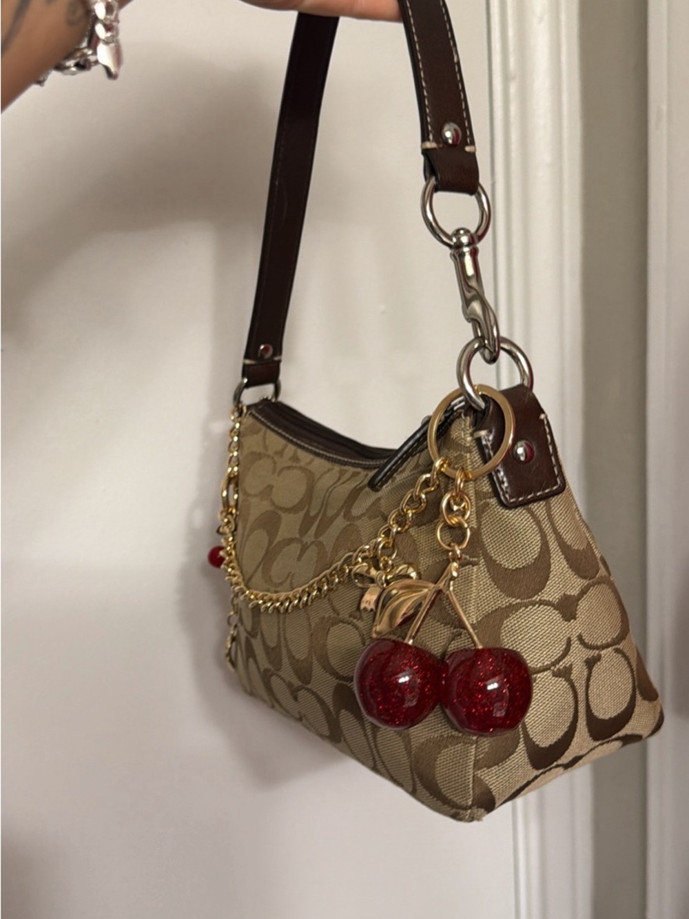 Coach Tan Signature Canvas Shoulder Bag with Red Cherry Charm - Picture 6 of 7